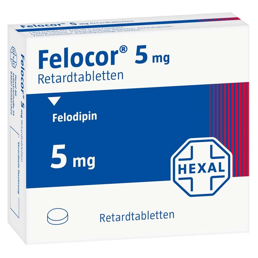 Felocor 5 mg Retardtabletten-Verpackung. Blaue und weiße Schachtel mit Produktinformationen und Hexal-Logo.