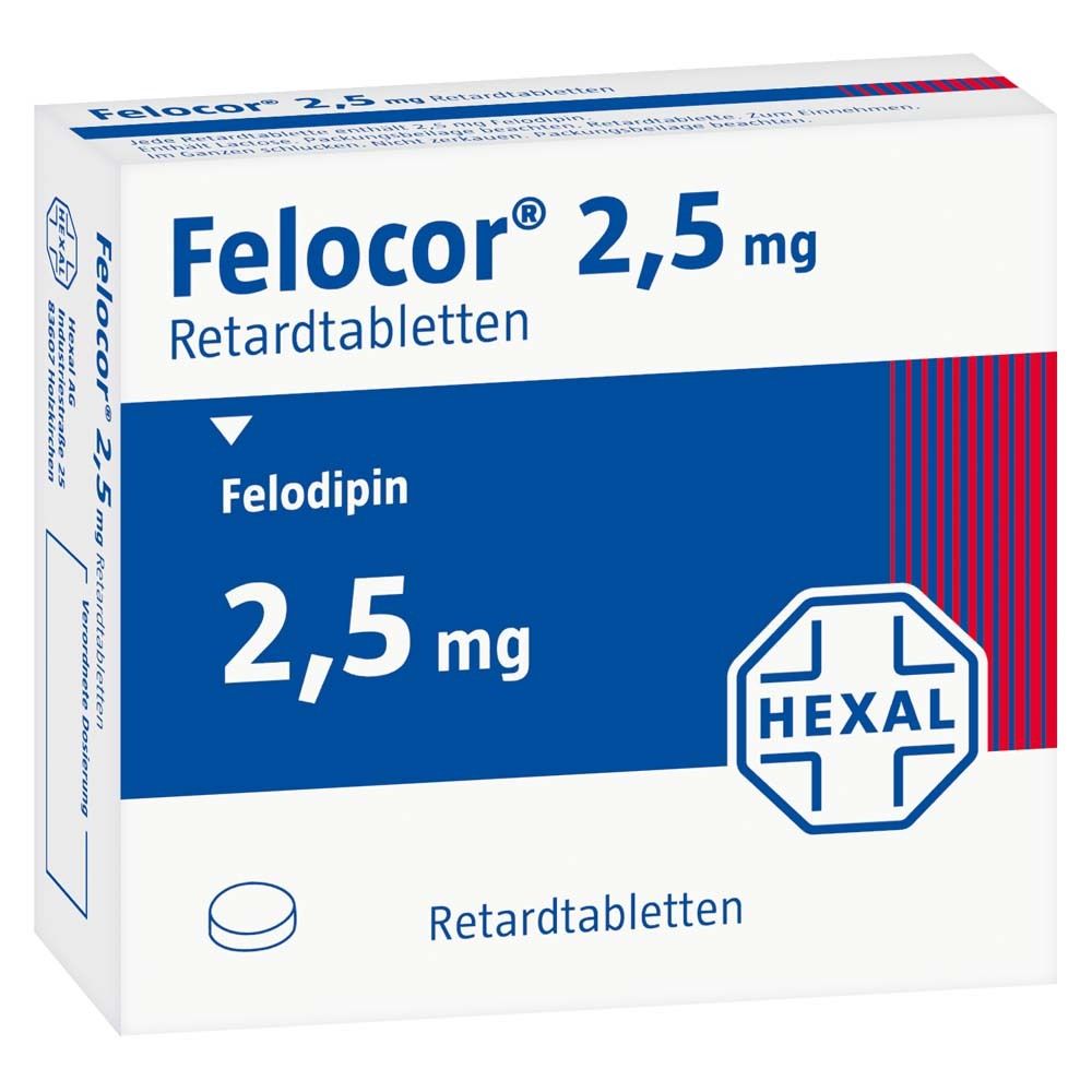 Schachtel mit Felocor 2,5 mg Retardtabletten. Blaue Schrift auf weißem Grund. Hexal-Logo.