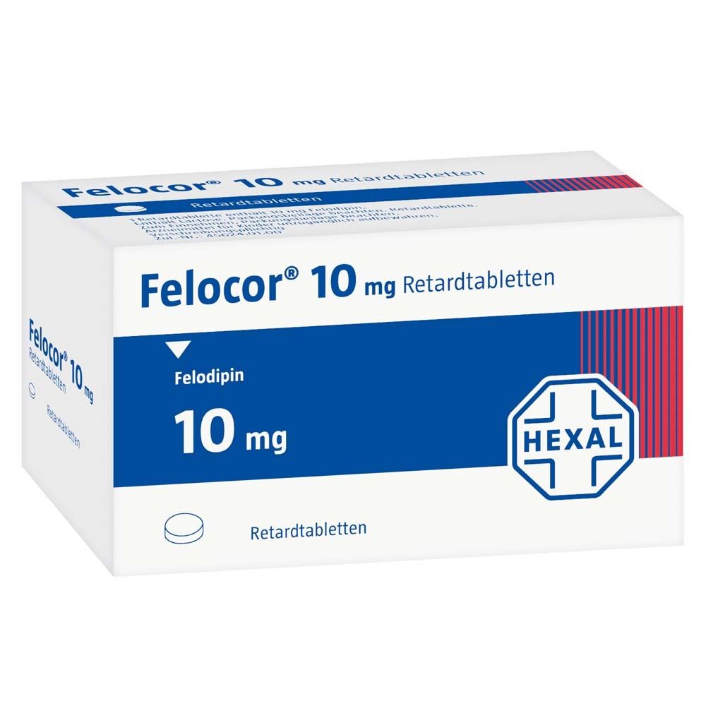 Weiße Faltschachtel mit blauer Fläche. Aufschrift: Felocor® 10 mg Retardtabletten, Felodipin, 10 mg. Logo Hexal.