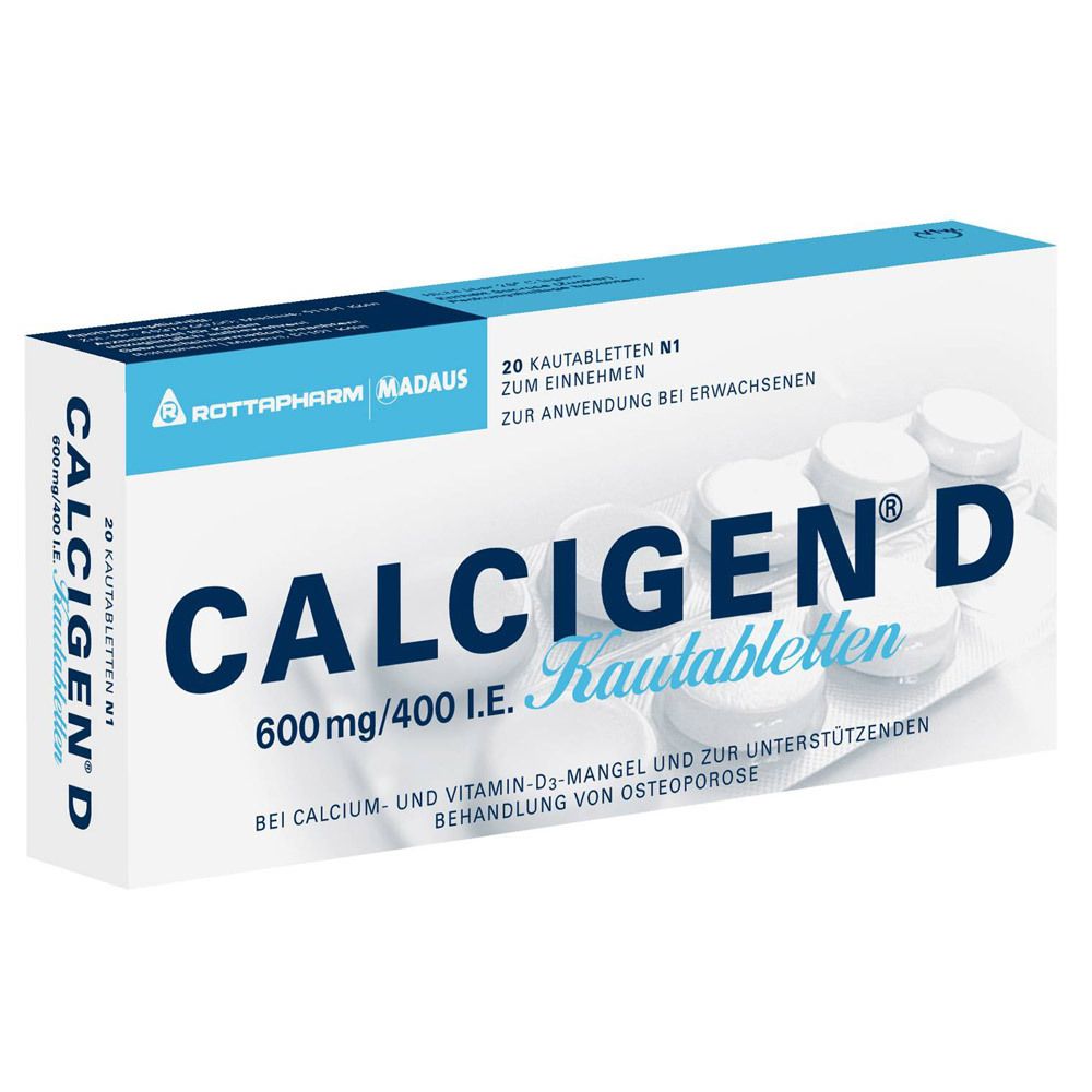 Schachtel mit Calcigen D Kautabletten. Aufschrift: 600mg/400 I.E. Kautabletten. 20 Tabletten. Für Erwachsene.