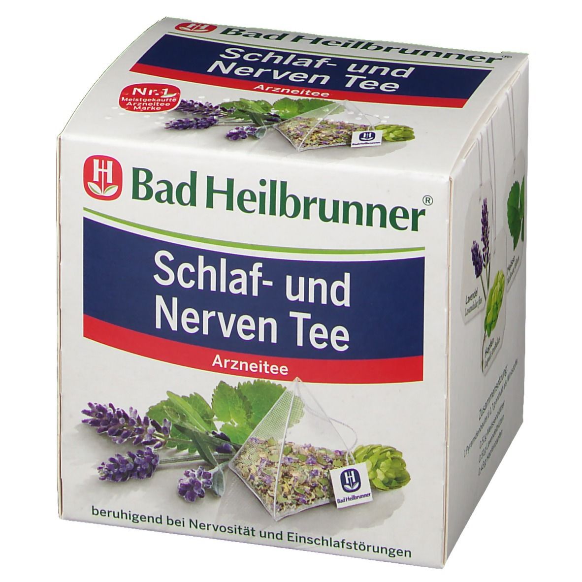 Karton "Schlaf- und Nerven Tee". Marke: Bad Heilbrunner. Kräuter und Teebeutel abgebildet. Text: beruhigend bei Nervosität.