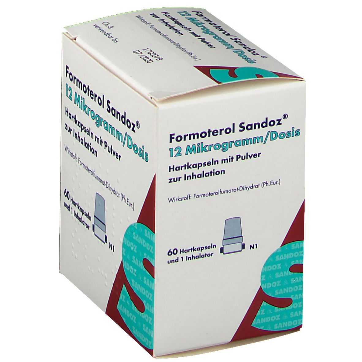Formoterol Sandoz® 12 Mikrogramm/Dosis Hartkapseln-Packung. Enthält 60 Hartkapseln und 1 Inhalator. Schräge Ansicht des weißen Kartons.