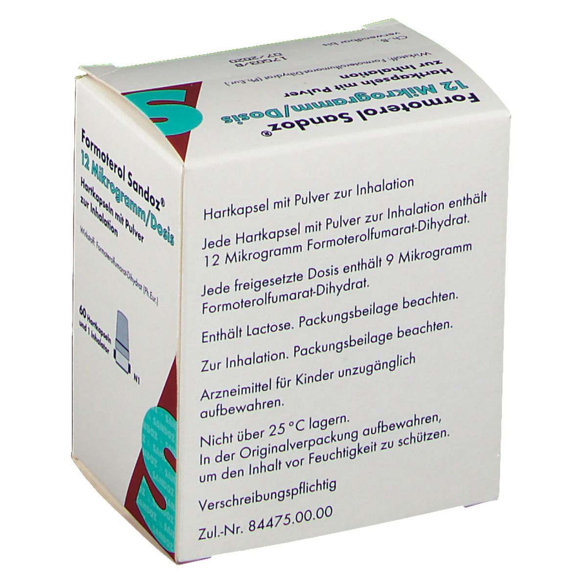 Rückseite der Formoterol Sandoz® 12 Mikrogramm/Dosis-Packung. Textinformationen: Dosierung, Inhaltsstoffe, Vorsichtsmaßnahmen und Hersteller.