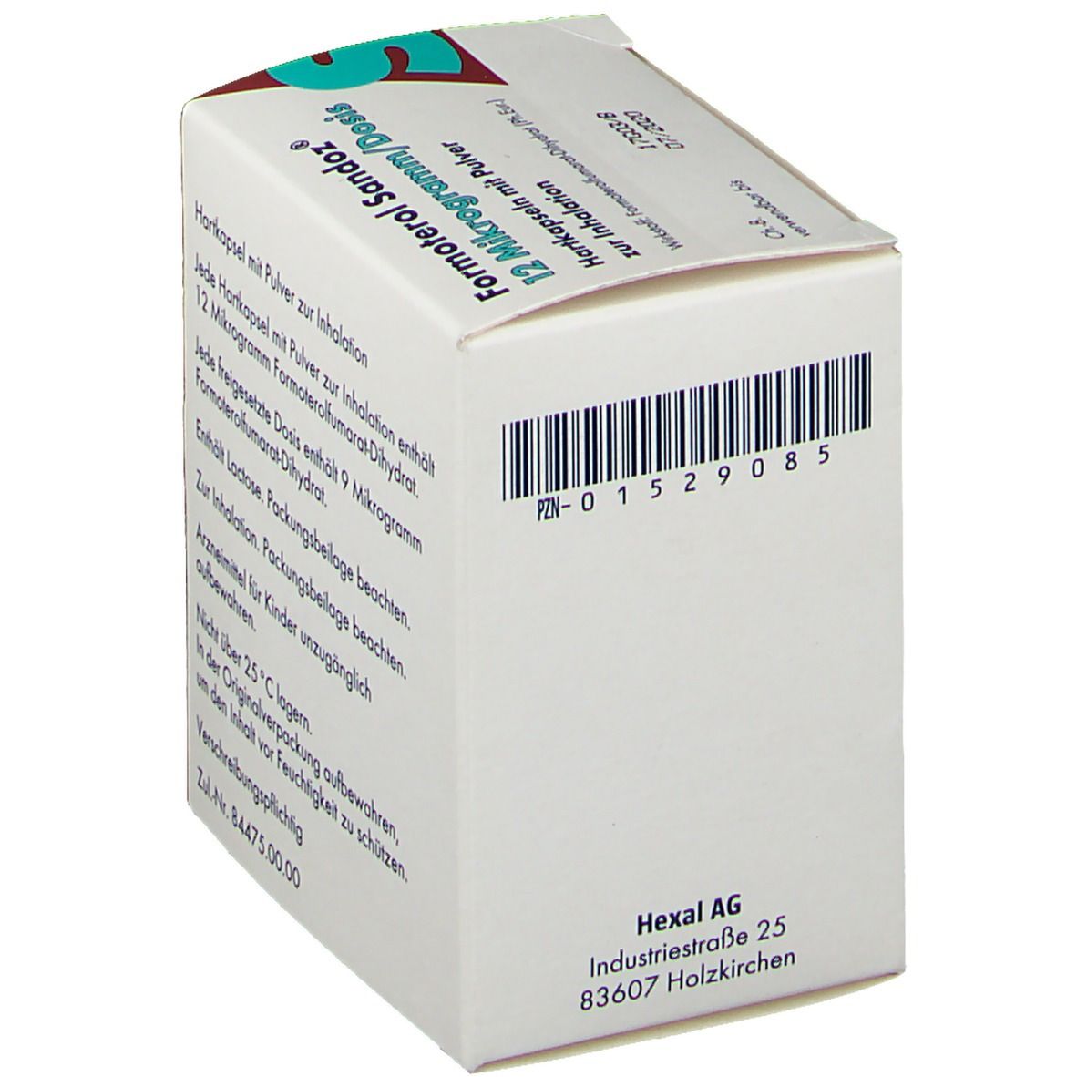 Seitenansicht der Formoterol Sandoz® 12 Mikrogramm/Dosis-Packung. Barcode und Herstellerinformationen auf weißem Karton.