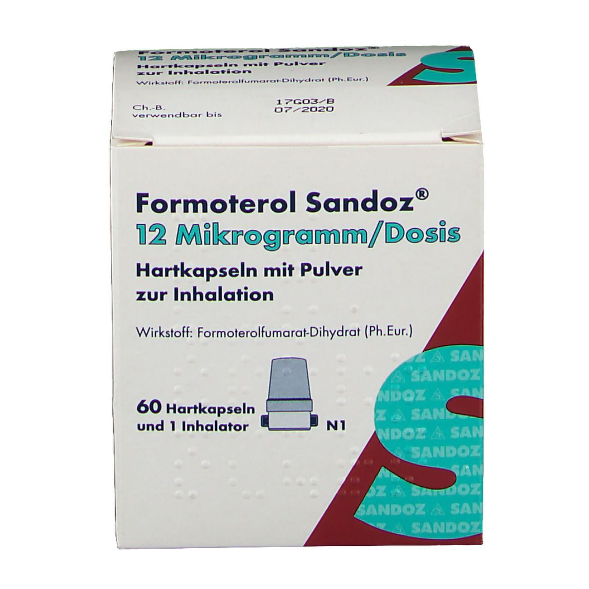 Formoterol Sandoz® 12 Mikrogramm/Dosis Hartkapseln-Packung. Enthält 60 Hartkapseln und 1 Inhalator. Vorderansicht des weißen Kartons.