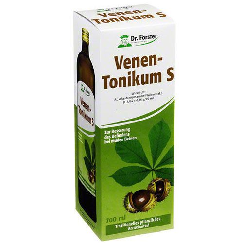 Verpackung von Venen-Tonikum S. Weißer Karton mit Produktnamen und Logo. Grün-braunes Design mit Rosskastanien-Motiv.