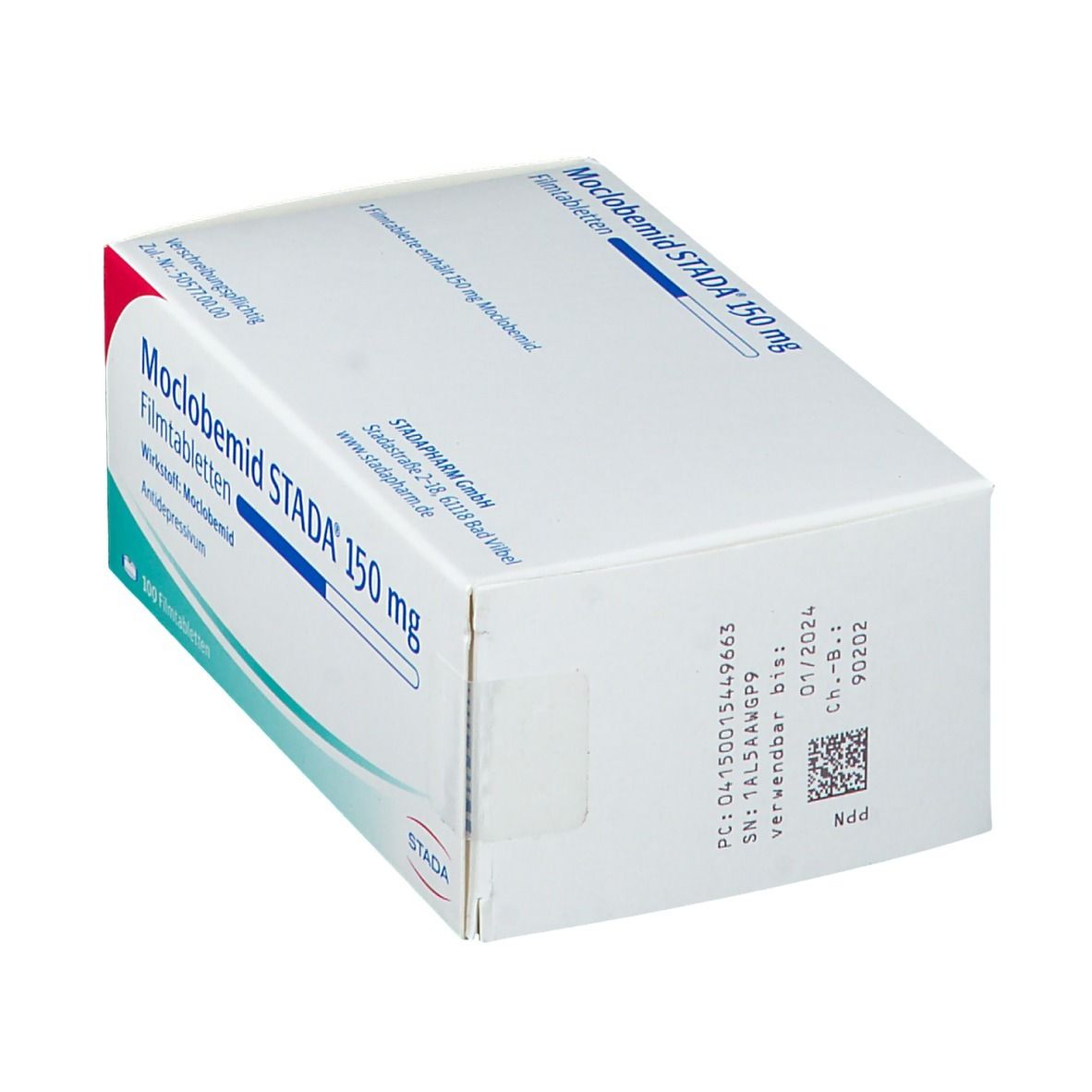 Moclobemid STADA 150 mg Filmtabletten-Packung. Weiße Schachtel mit blauer und roter Akzentfarbe. STADA-Logo.