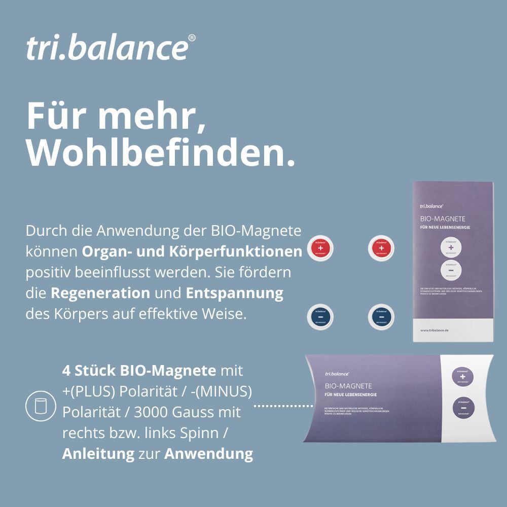 Produktabbildung mit Magneten und Verpackung. Text: tri.balance, 4 Bio-Magnete mit Polarität, Anleitung.