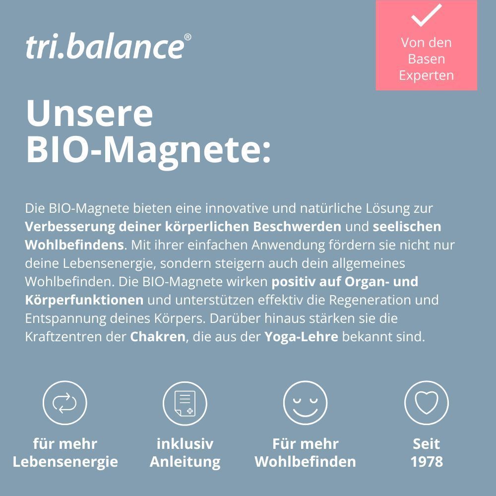 Text: tri.balance, Unsere BIO-Magnete. Symbole für Lebensenergie, Anleitung, Wohlbefinden, seit 1978.
