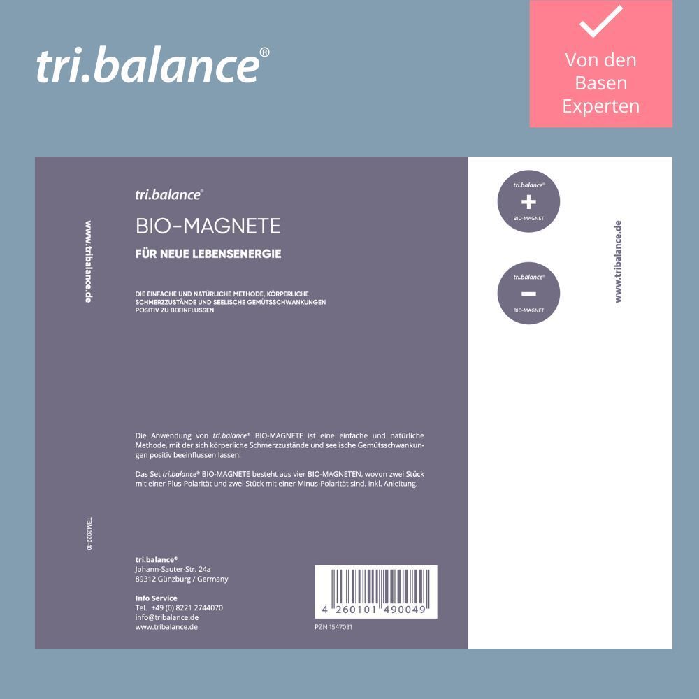 Rückseite der Produktverpackung. Text: tri.balance, BIO-Magnete für neue Lebensenergie. Informationen.