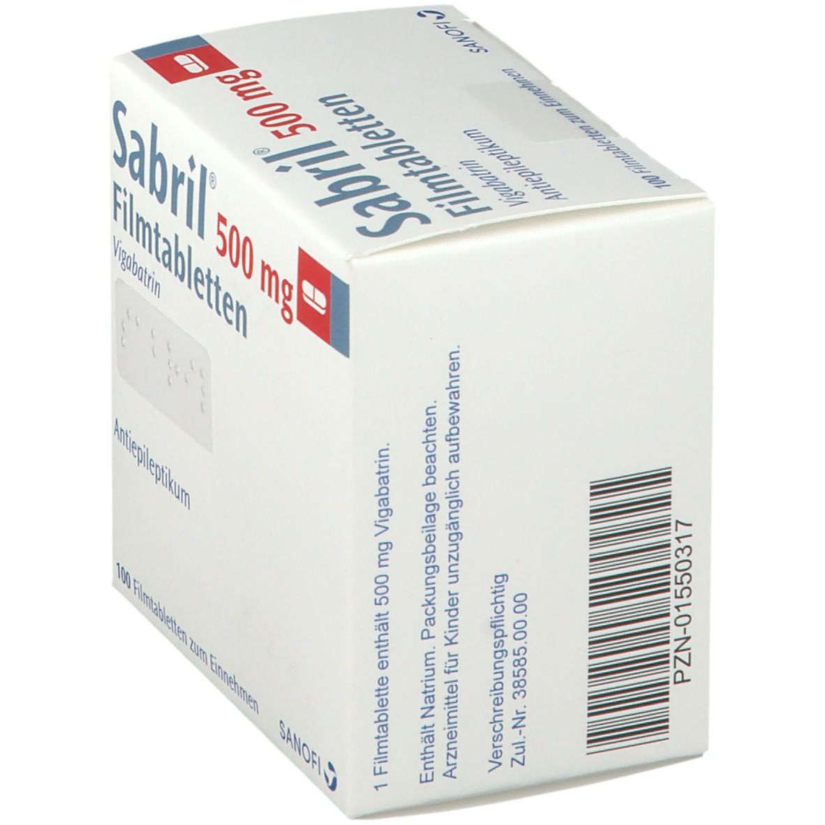 Sabril 500 mg-Packung. Aufschrift: Vigabatrin, Antiepileptikum. Weiße Schachtel mit Barcode und Herstellerinformationen.