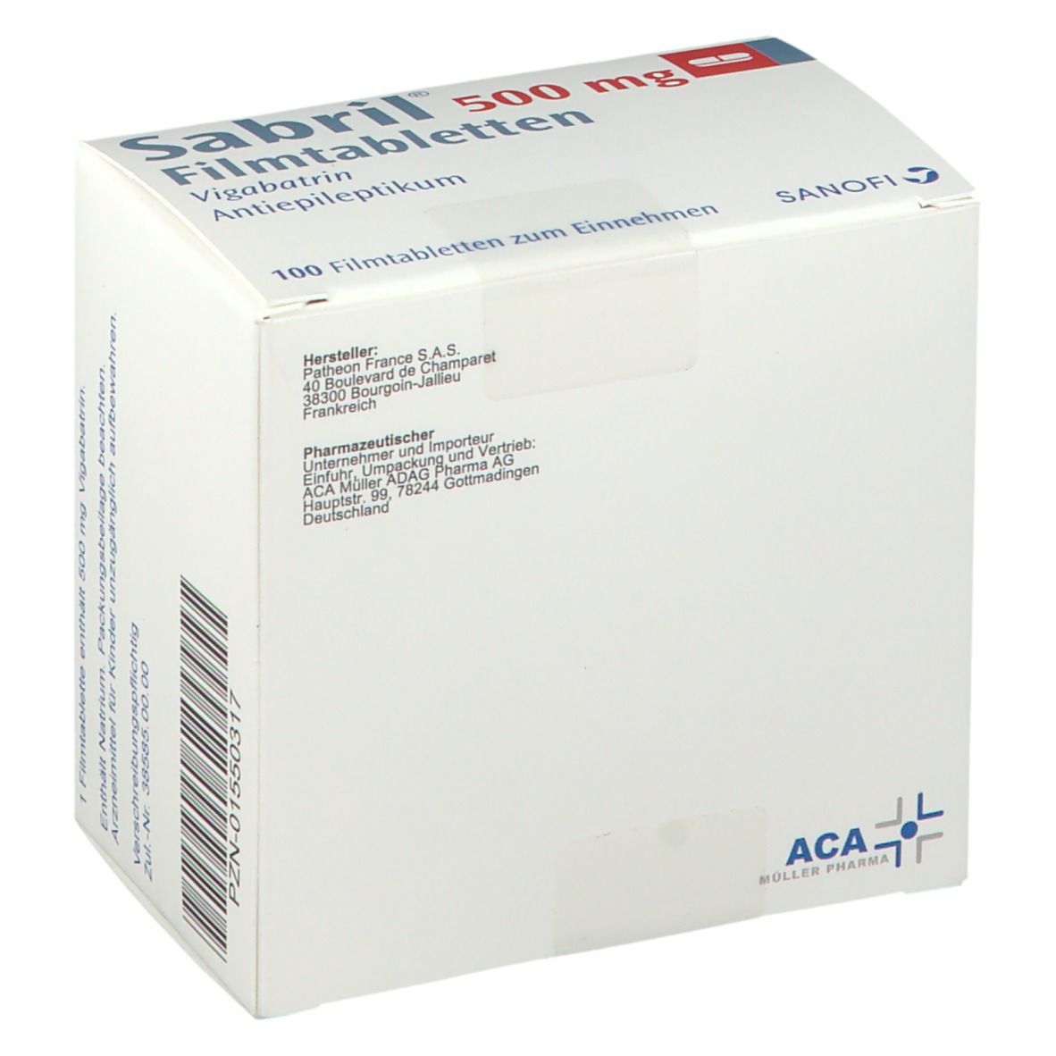 Sabril 500 mg-Packung. Aufschrift: Vigabatrin, Antiepileptikum. Weiße Schachtel mit Hersteller- und Importeurinformationen.