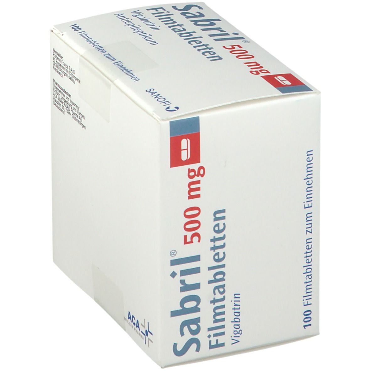 Sabril 500 mg-Packung. Aufschrift: Vigabatrin, Antiepileptikum. Weiße Schachtel mit roter und blauer Schrift, schräg.