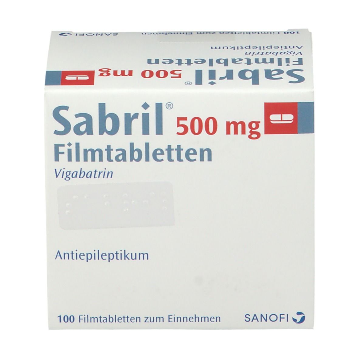 Sabril 500 mg Filmtabletten-Packung. Aufschrift: Vigabatrin, Antiepileptikum. Weiße Schachtel mit roter und blauer Schrift.