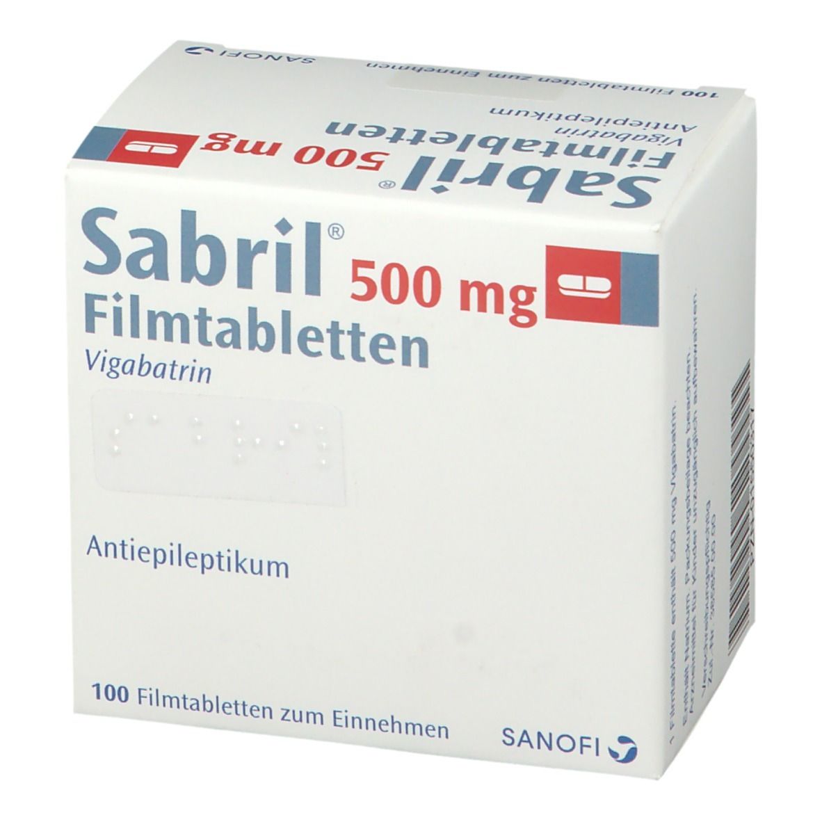Sabril 500 mg Filmtabletten-Packung. Aufschrift: Vigabatrin, Antiepileptikum. Weiße Schachtel mit roter und blauer Schrift.