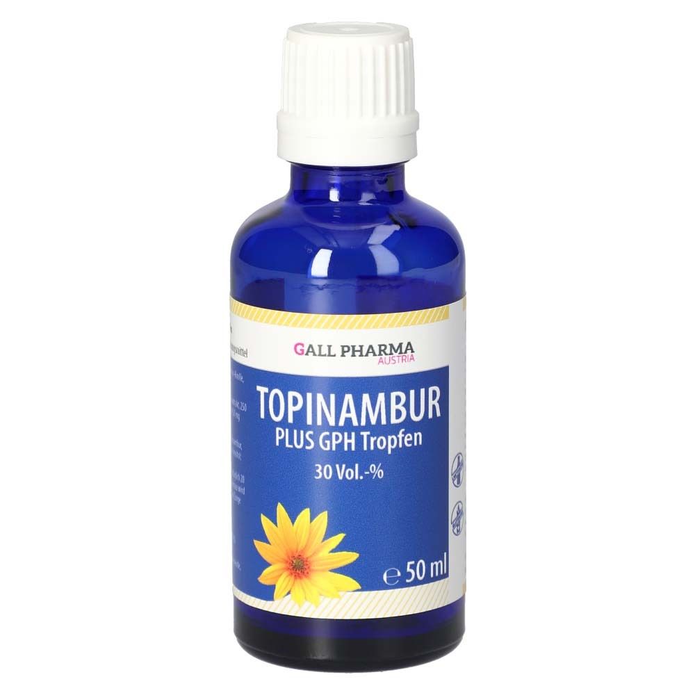 Blaue Glasflasche mit weißem Verschluss. Beschriftung: Topinambur Plus GPH Tropfen, 30 Vol.-%. Gelbes Etikett mit Sonnenblume. Marke: Gall Pharma.