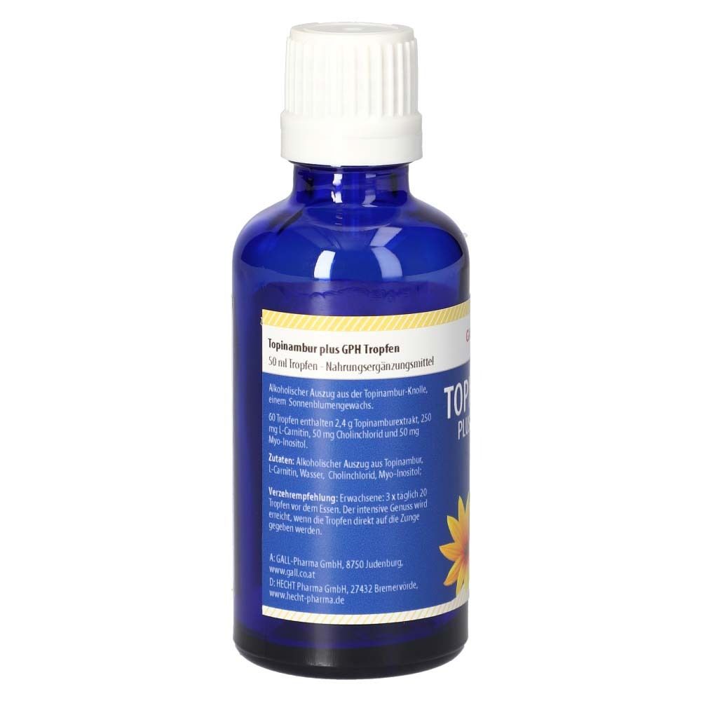Blaue Glasflasche mit weißem Verschluss. Beschriftung: Topinambur Plus GPH Tropfen. Etikett mit Text und Sonnenblume. Marke: Gall Pharma.