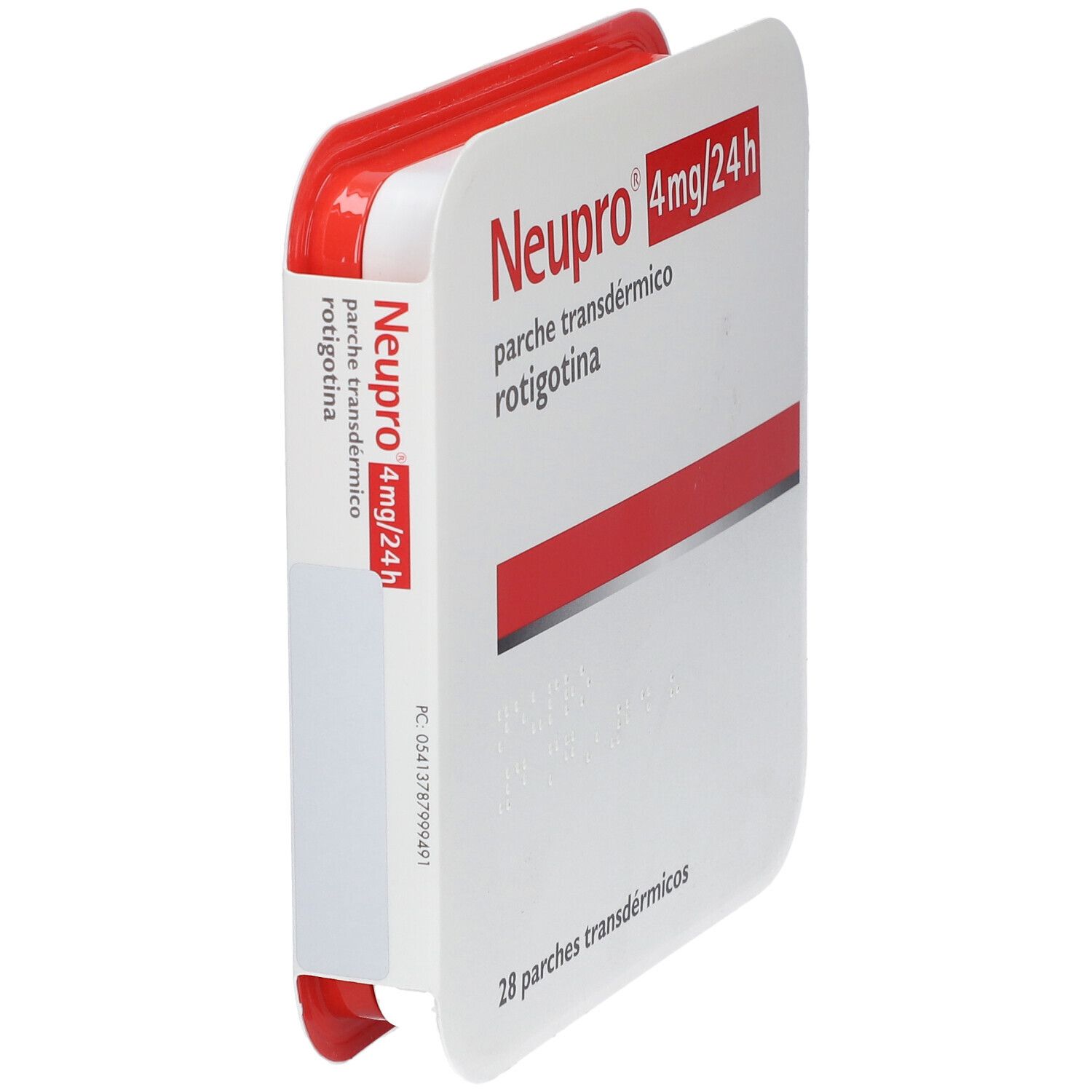 Verpackung mit rotem Rand, teilweise geöffnet. Aufschrift: Neupro 4mg/24h, parche transdérmico rotigotina. 28 Pflaster.