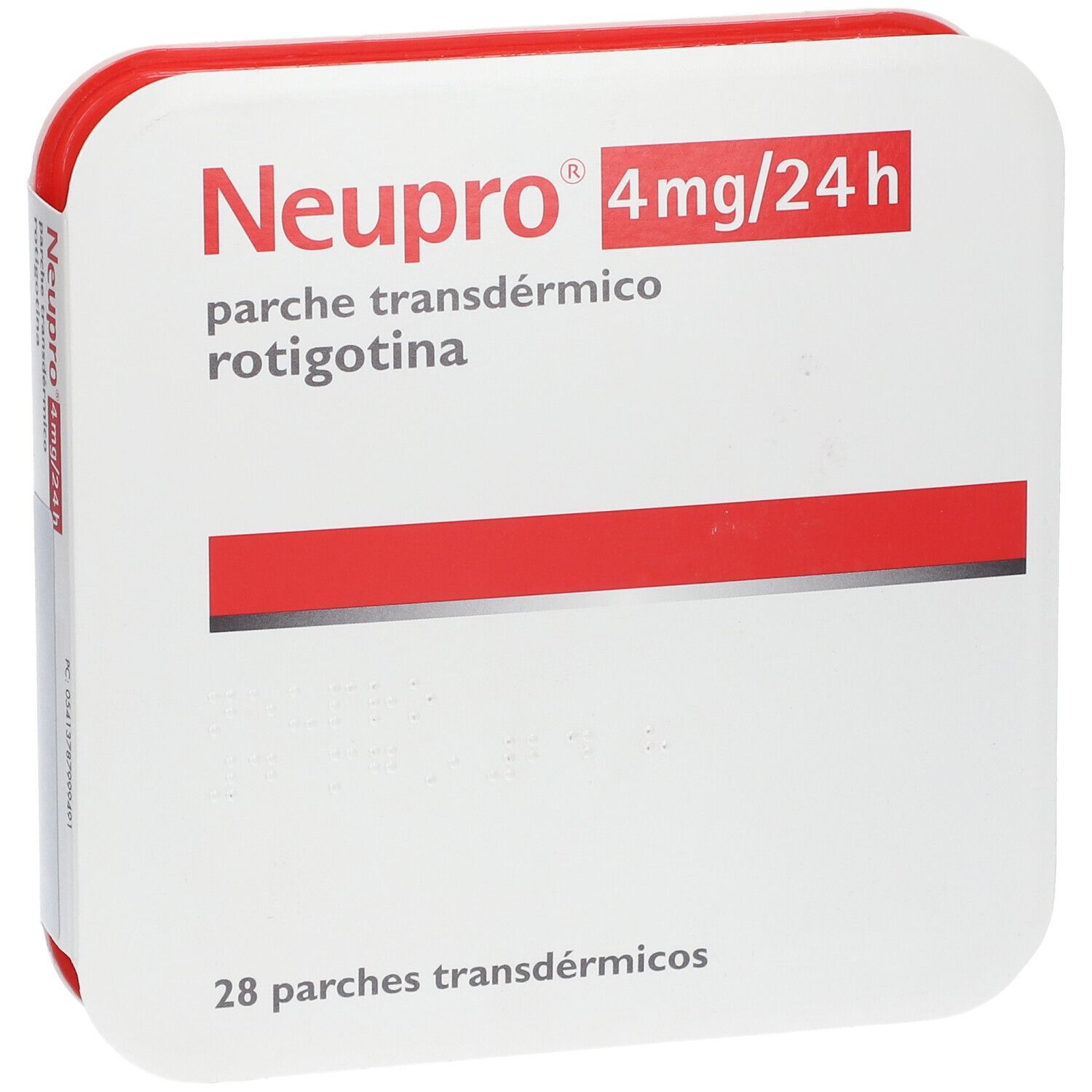 Quadratische Verpackung mit rotem Rand. Aufschrift: Neupro 4mg/24h, parche transdérmico rotigotina. 28 Pflaster.
