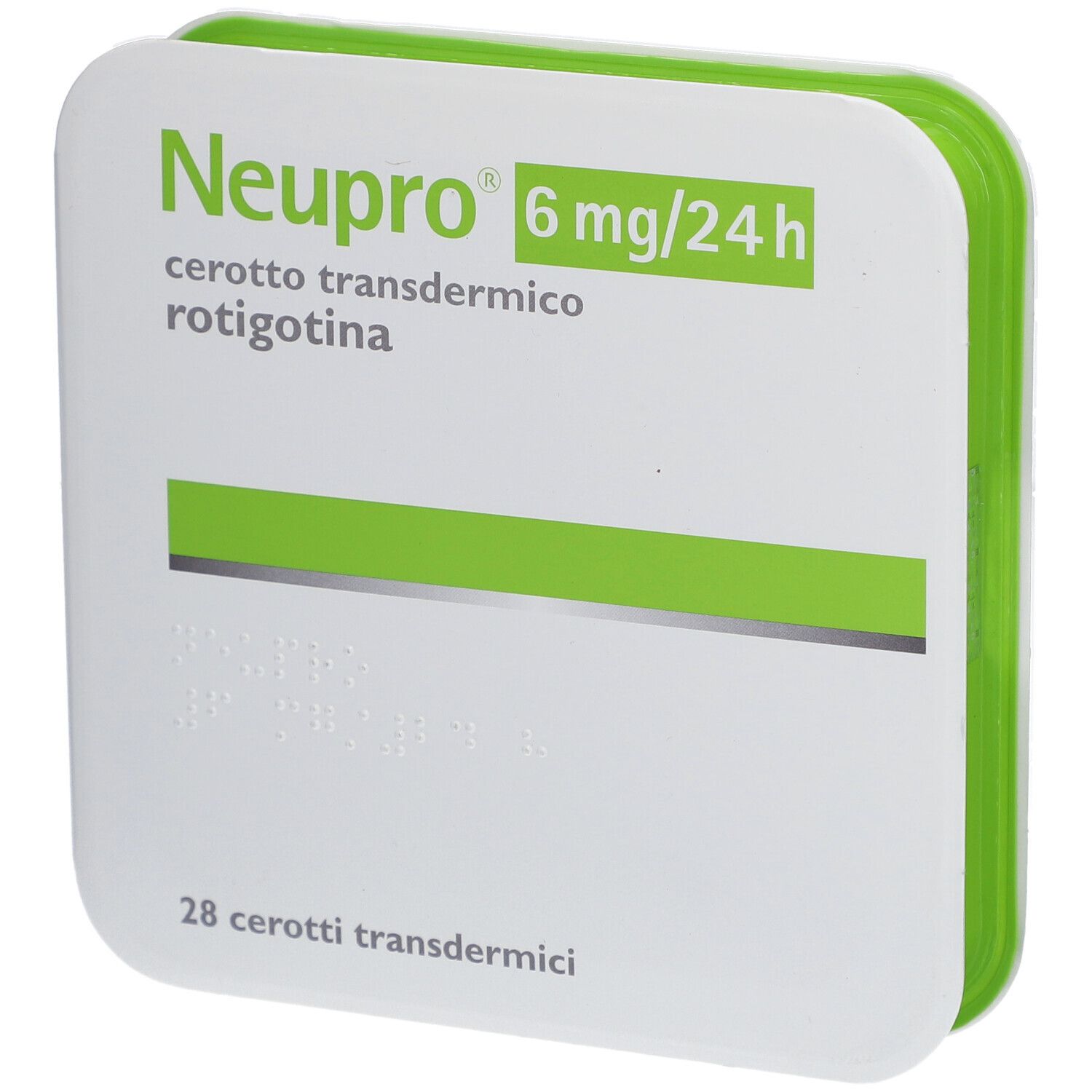Verpackung von Neupro 6 mg/24h. Weißer Karton mit grünen Akzenten. Text: 28 Pflaster. Braille-Schrift.