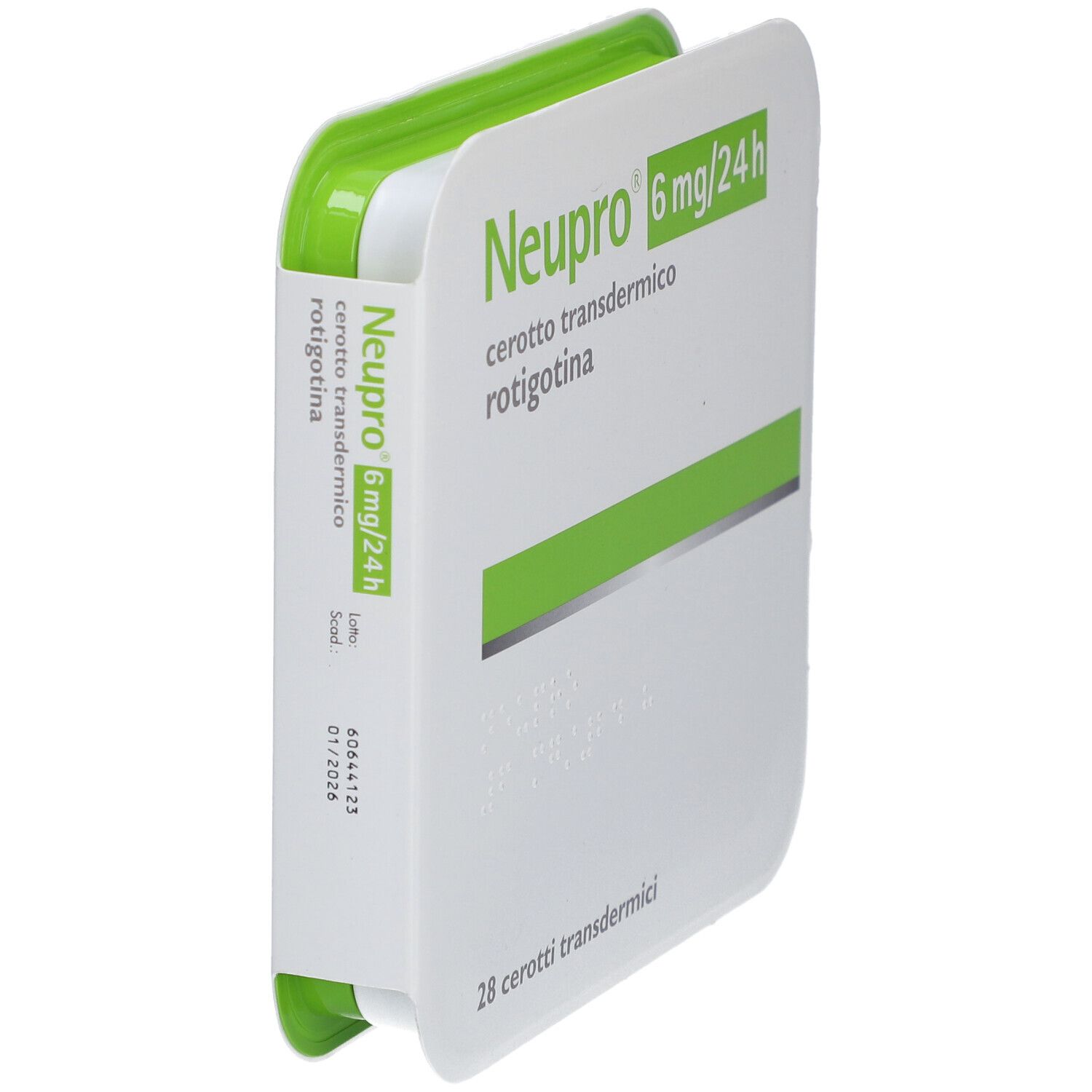 Geöffnete Verpackung von Neupro 6 mg/24h. Weißer Karton mit grünen Akzenten. Text: 28 Pflaster.