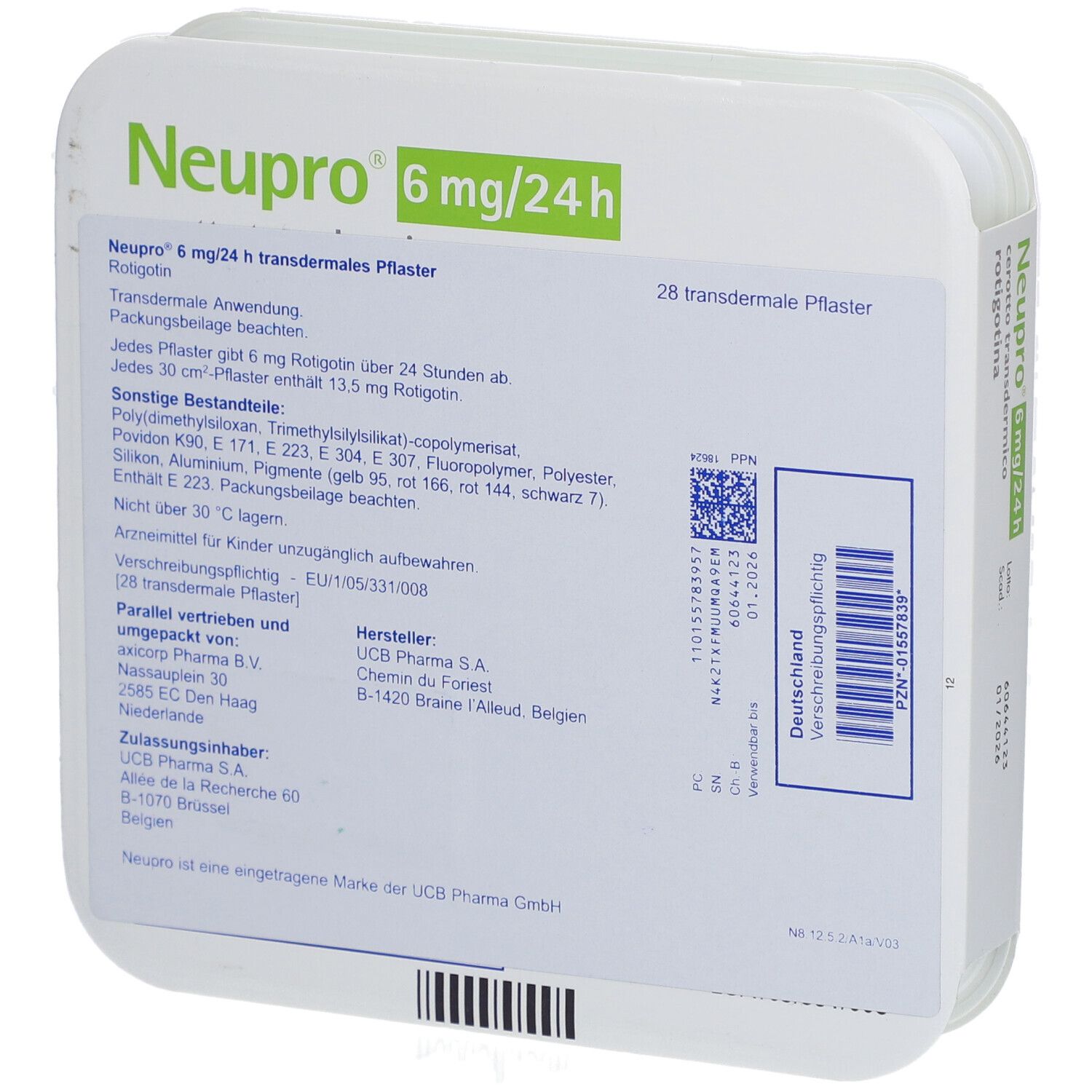 Verpackung von Neupro 6 mg/24h. Weißer Karton mit grünen Akzenten. Text: 28 transdermale Pflaster. Barcode.