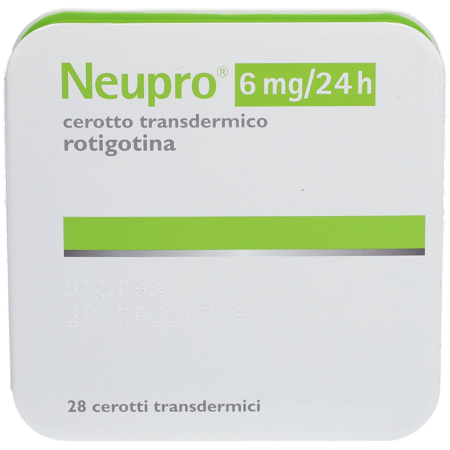 Verpackung von Neupro 6 mg/24h. Weißer Karton mit grünen Akzenten. Text: 28 cerotti transdermici. Braille-Schrift.