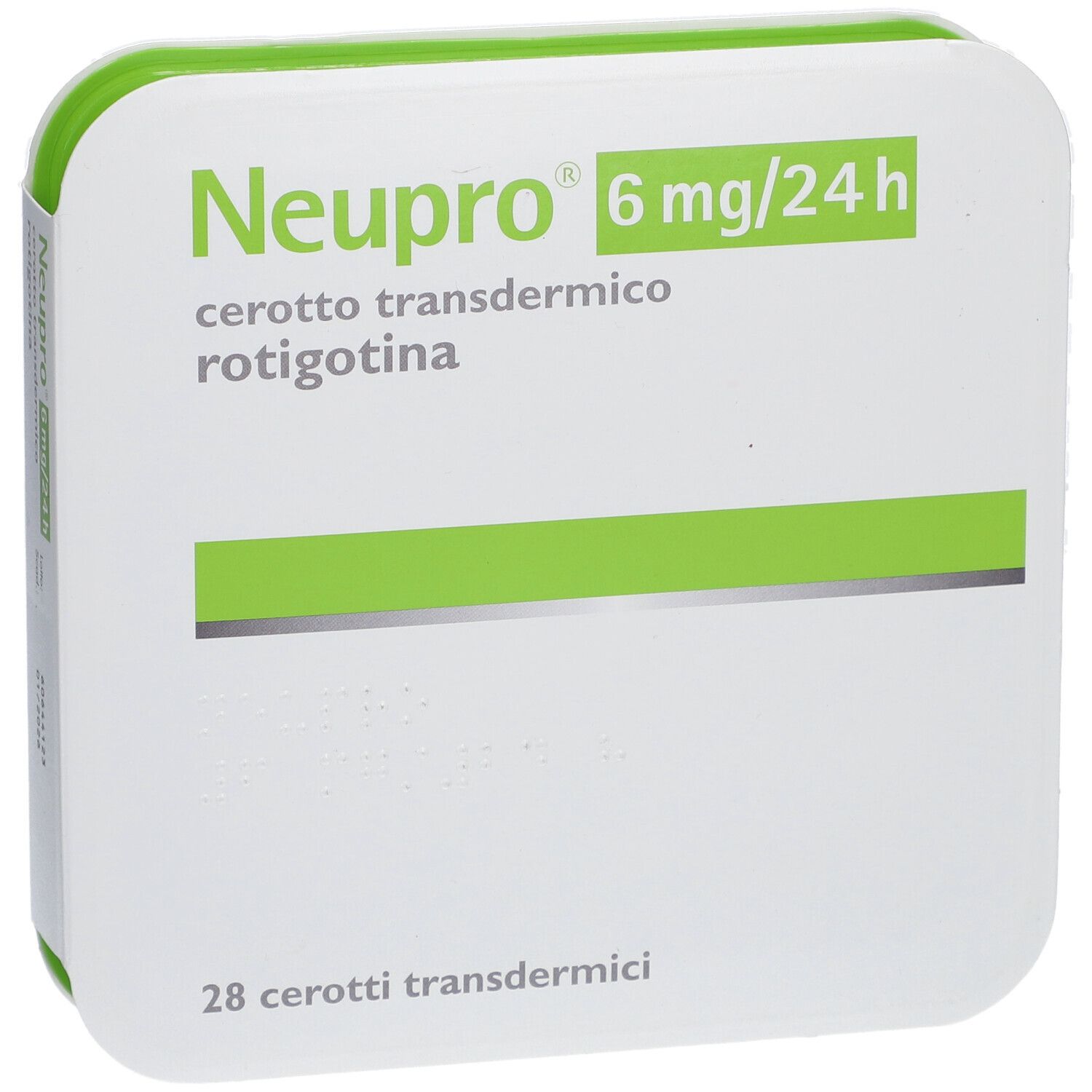 Verpackung von Neupro 6 mg/24h. Weißer Karton mit grünen Akzenten. Text: 28 Pflaster.