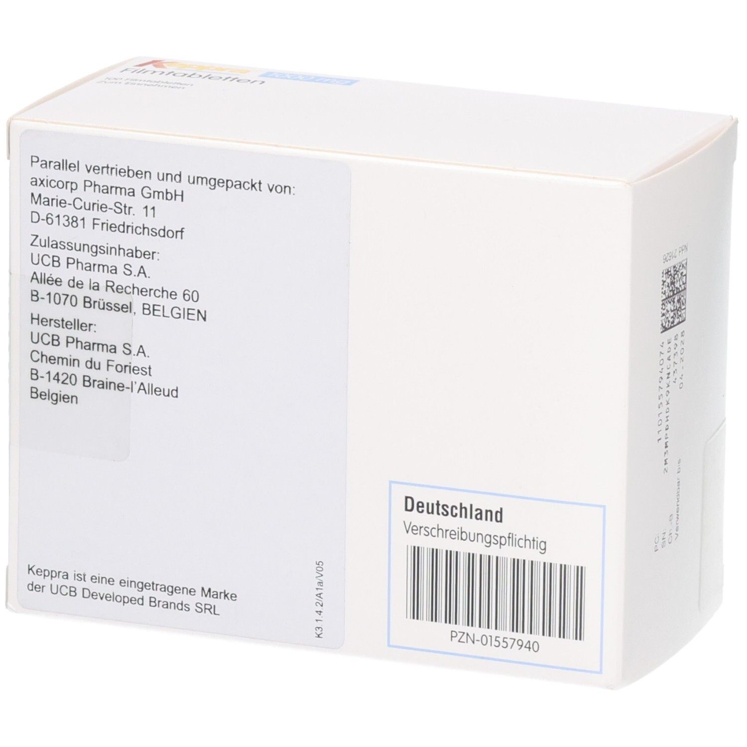 Rückseite einer Medikamentenverpackung mit Zulassungsinformationen und PZN.