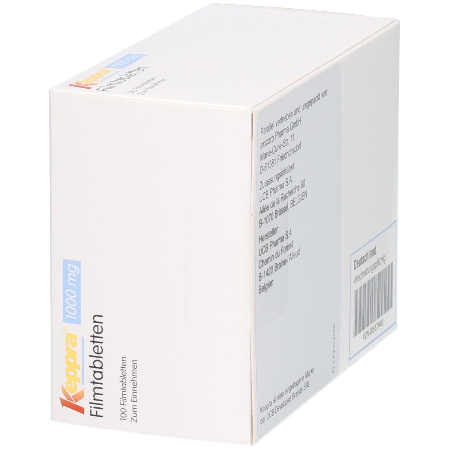 Keppra 1000 mg Filmtabletten, Levetiracetam. Seitenansicht der Verpackung.