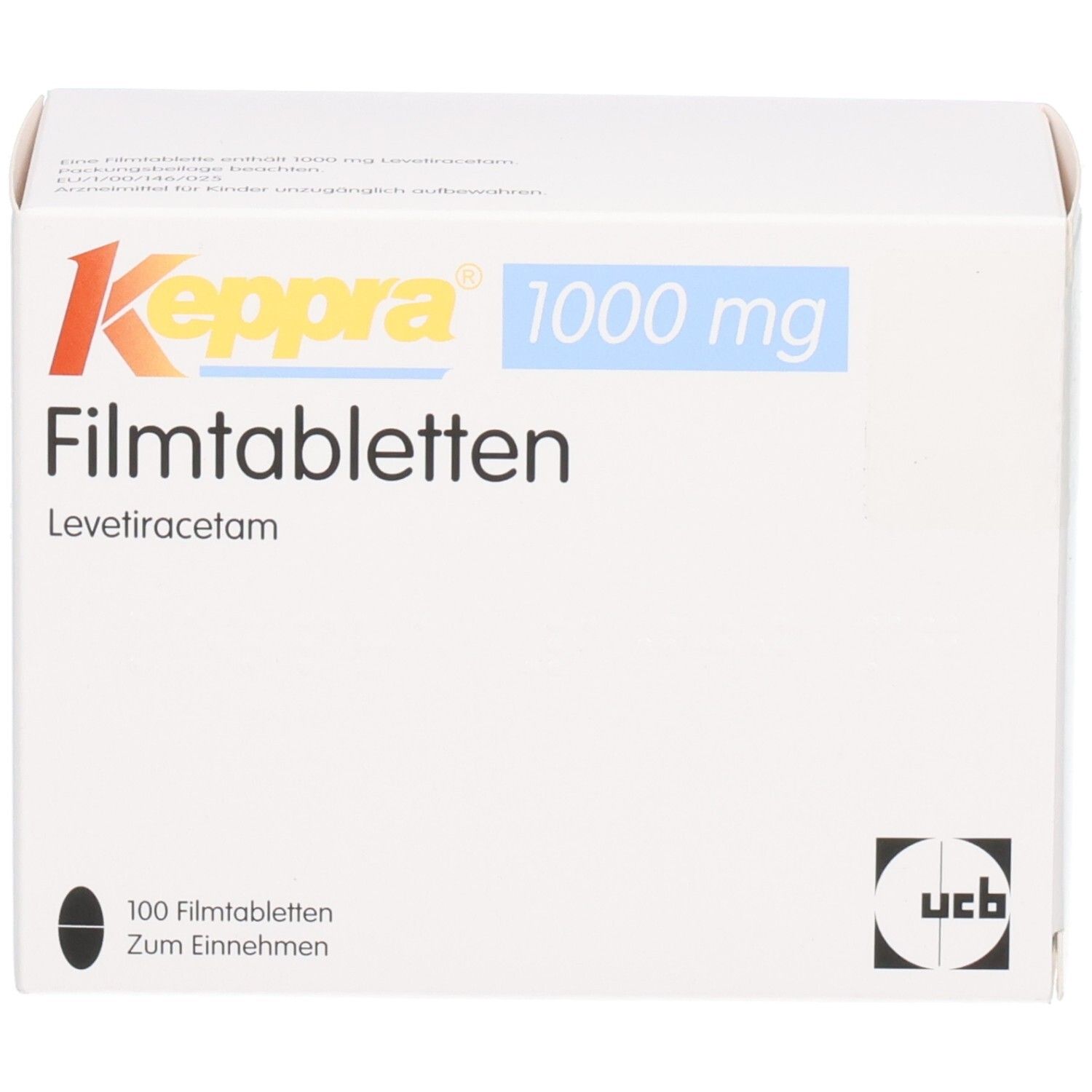Keppra 1000 mg Filmtabletten, Levetiracetam. Packung mit 100 Tabletten.