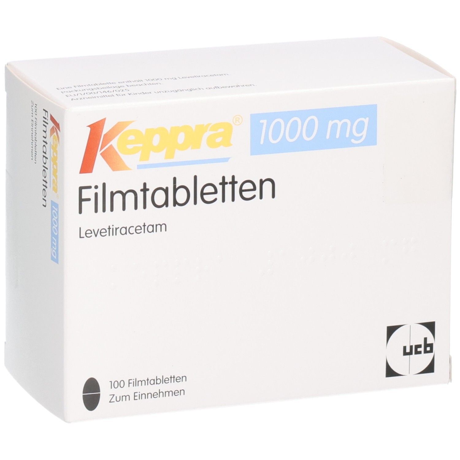 Weiße Medikamentenpackung mit Aufdruck 'Keppra 1000 mg Filmtabletten Levetiracetam'.