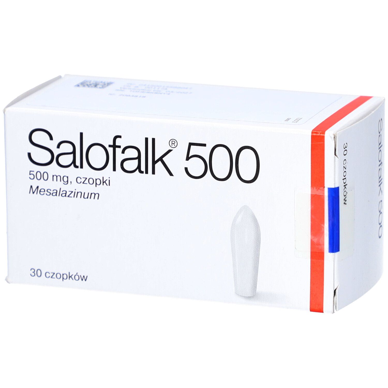 Schachtel Salofalk® 500 mit 30 Zäpfchen. Aufdruck: 500 mg, Mesalazinum. Ein Zäpfchen ist abgebildet.