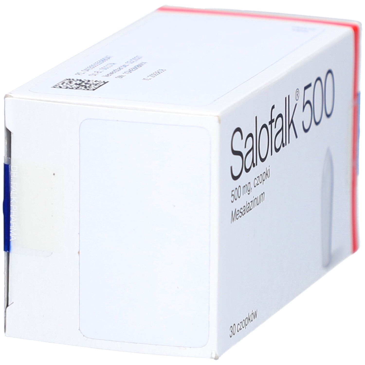Weiße Schachtel mit Salofalk® 500 Aufschrift. Enthält 30 Zäpfchen. Seitenansicht.