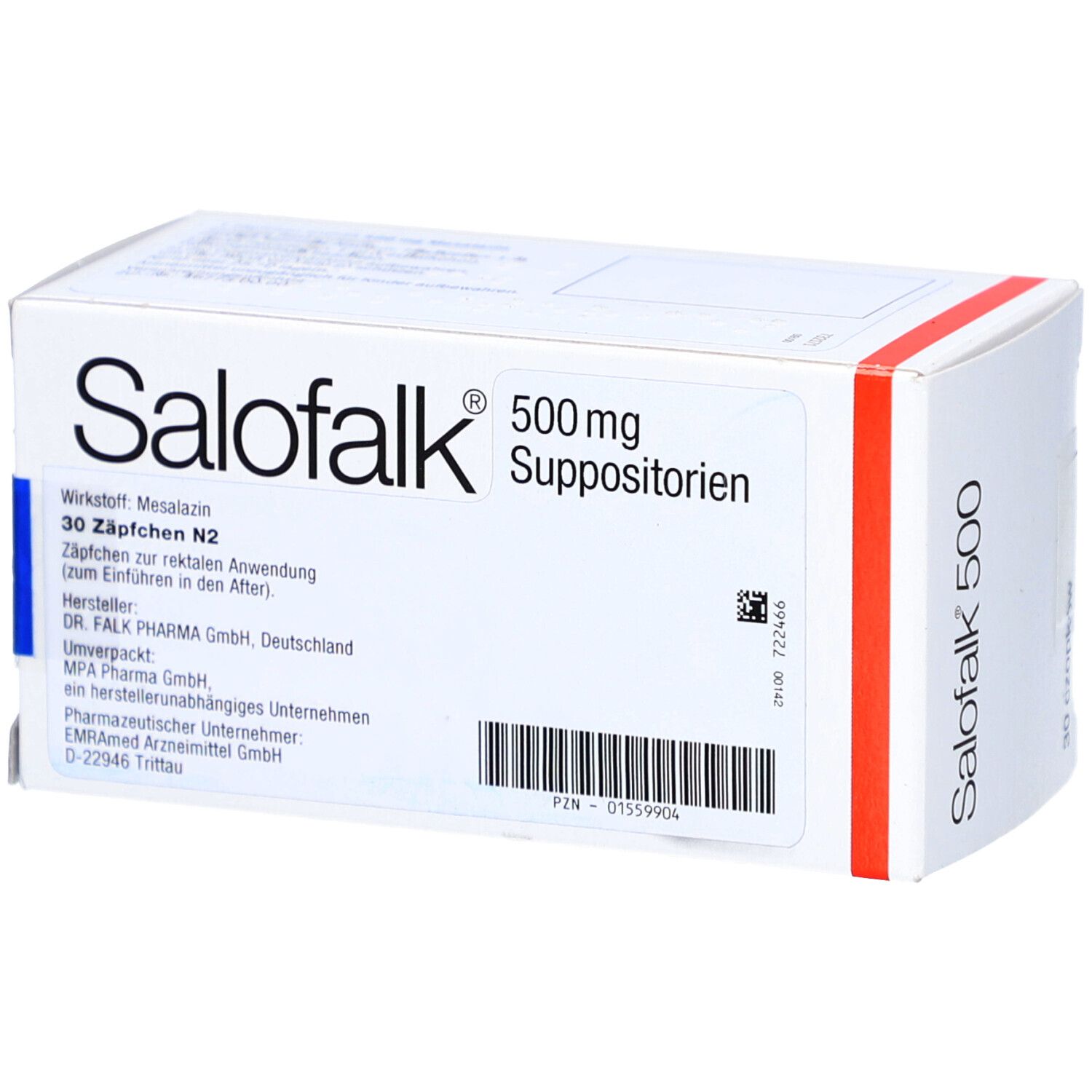 Schachtel Salofalk® 500 mit 30 Zäpfchen. Aufdruck: 500 mg, Suppositorien. Text mit Inhaltsstoffen und Hersteller.