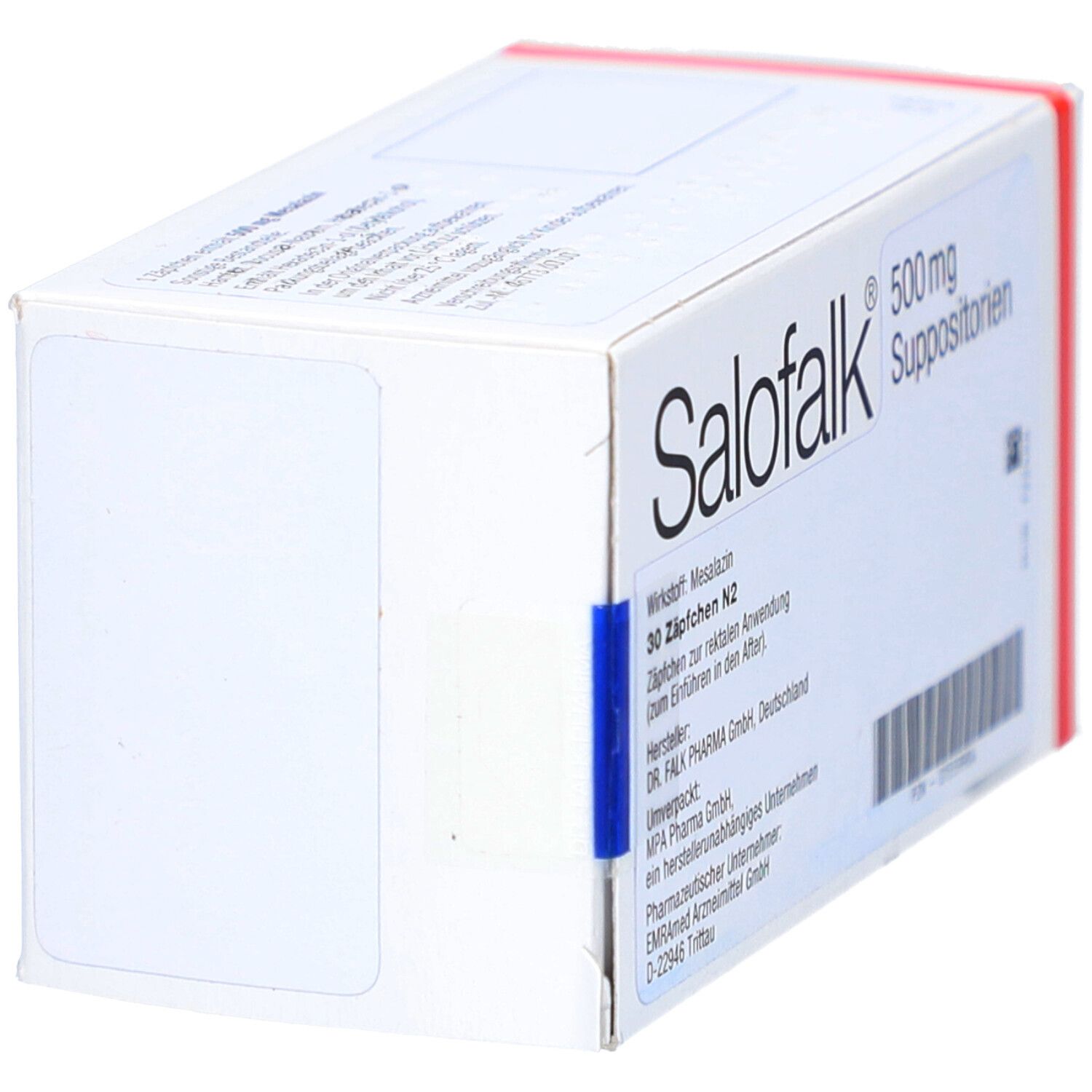 Schachtel Salofalk® 500 mit 30 Zäpfchen. Aufdruck: 500 mg, Suppositorien. Barcode und Herstellerinformationen.