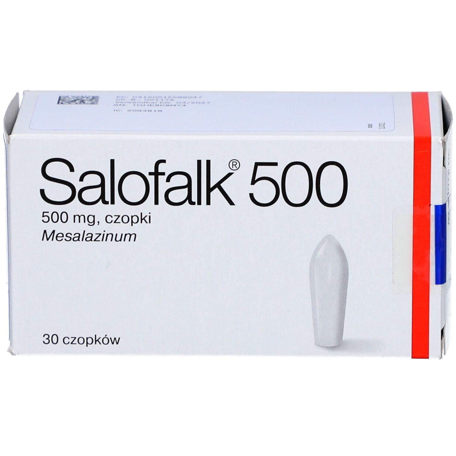 Weiße Schachtel mit Salofalk® 500 Aufschrift. Enthält 30 Zäpfchen. Ein Zäpfchen ist sichtbar.