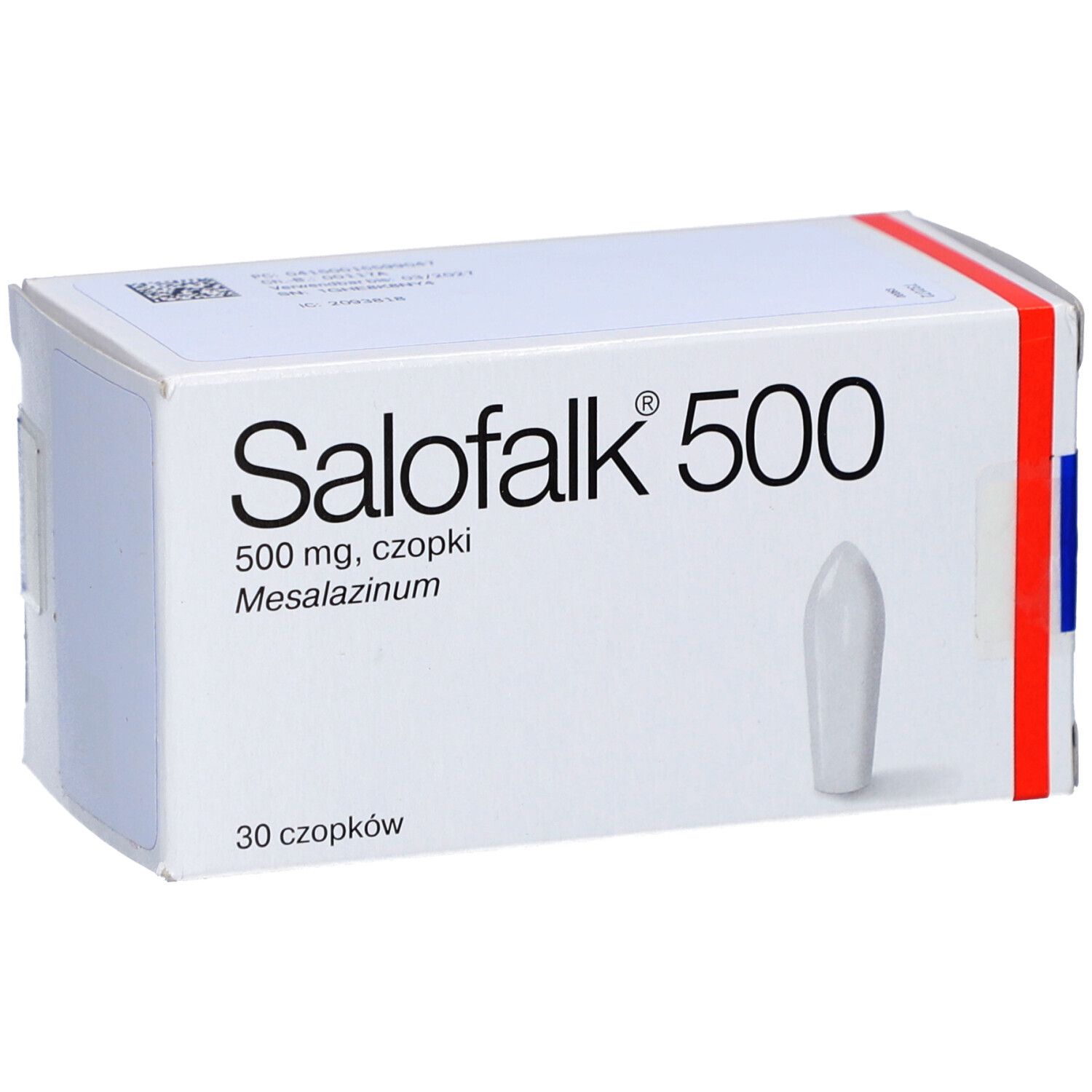 Weiße Schachtel mit Salofalk® 500 Aufschrift. Enthält 30 Zäpfchen. Ein Zäpfchen ist sichtbar.