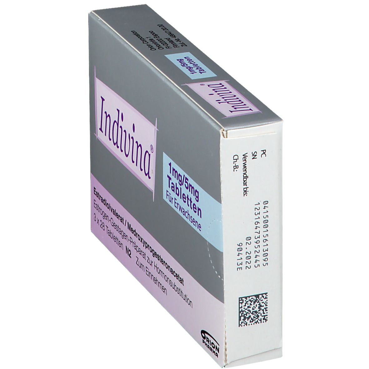 Schachtel mit Indivina 1 mg/5 mg Tabletten. Aufschrift: Estradiolvalerat/Medroxyprogesteronacetat. Orion Pharma Logo.