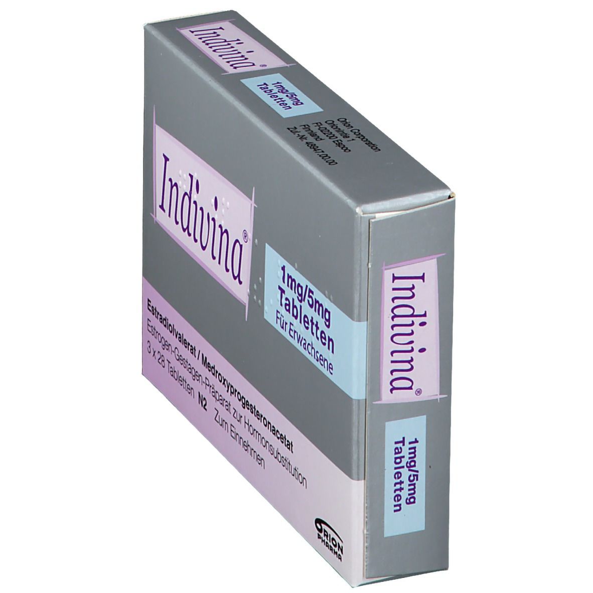 Schachtel mit Indivina 1 mg/5 mg Tabletten. Aufschrift: Estradiolvalerat/Medroxyprogesteronacetat. Orion Pharma Logo.