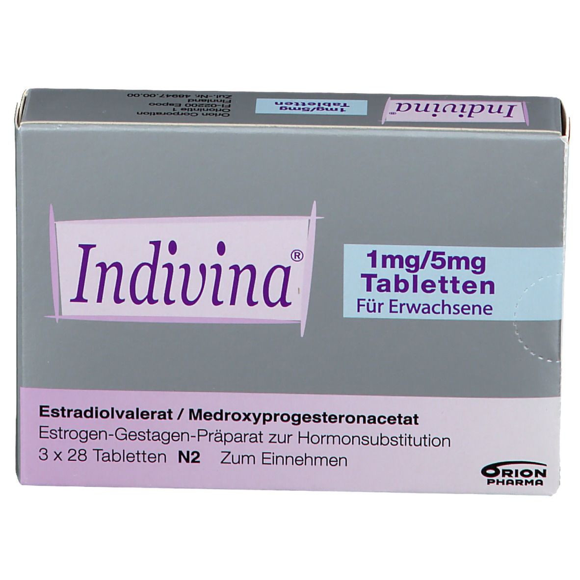 Schachtel mit Indivina 1 mg/5 mg Tabletten. Aufschrift: Estradiolvalerat/Medroxyprogesteronacetat. Orion Pharma Logo.