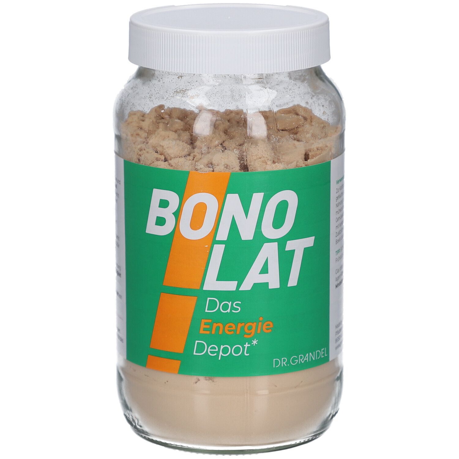 Glasbehälter mit weißem Deckel. Aufschrift BONOLAT, Das Energie Depot, DR. GRANDEL. Inhalt: hellbraunes Pulver.
