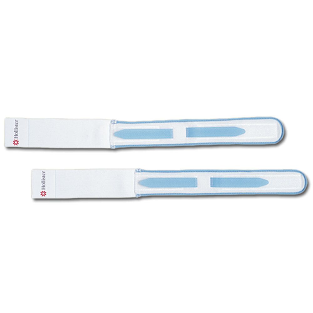 Zwei weiße Beingürtel mit hellblauen Elementen. Auf einem Gürtel ist das Logo von Hollister zu sehen.