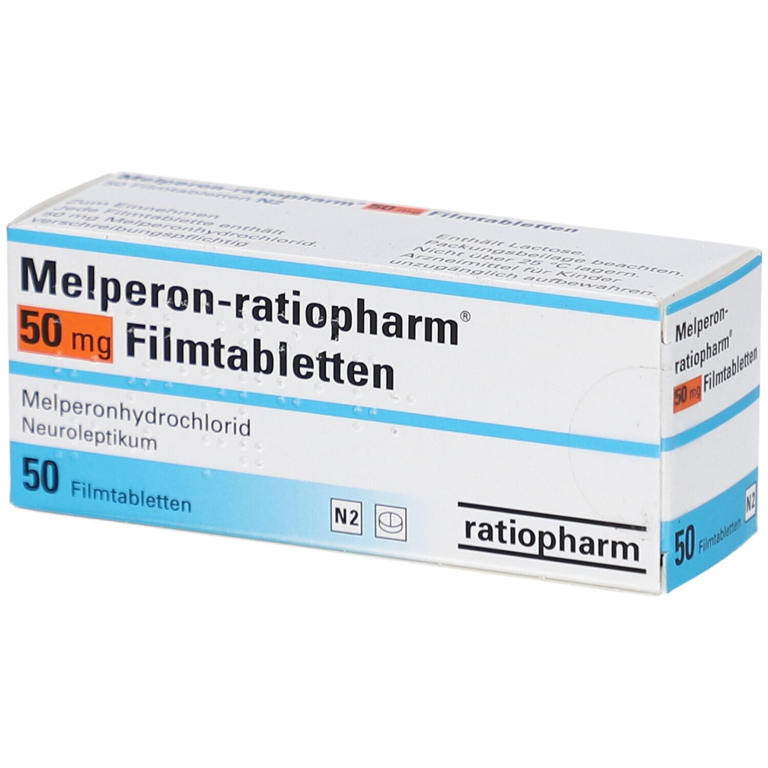 Schachtel mit Melperon-ratiopharm® 50 mg Filmtabletten. Aufschrift: 50 Filmtabletten, ratiopharm.