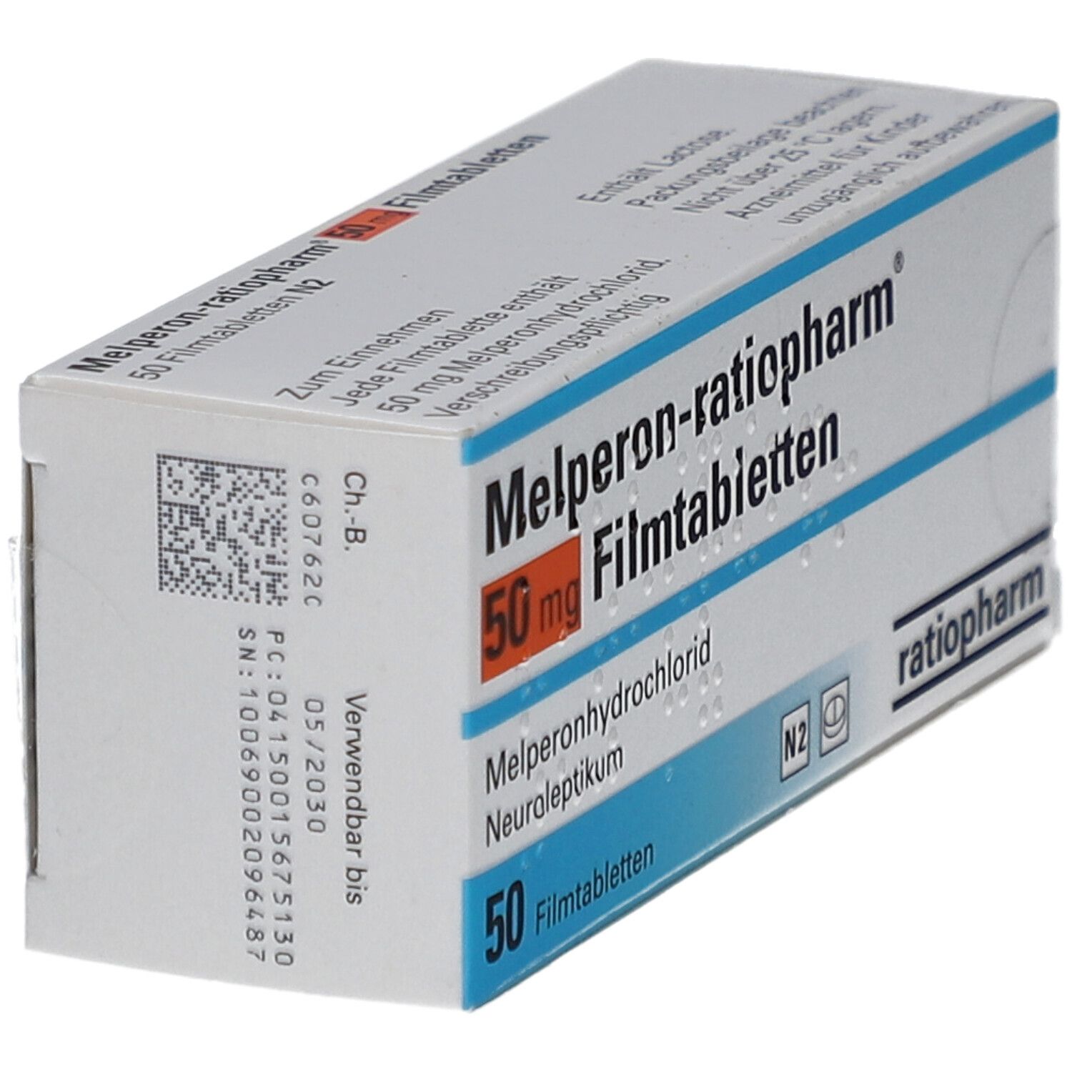Schachtel mit Melperon-ratiopharm® 50 mg Filmtabletten. Aufschrift: 50 Filmtabletten, ratiopharm. Mit Chargen- und Verfallsdatum.