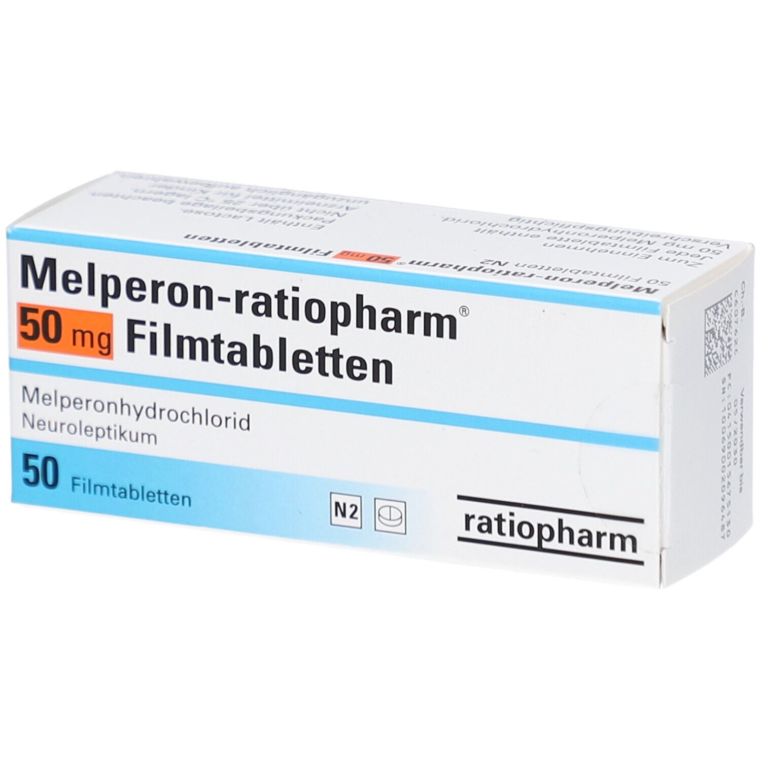 Schachtel mit Melperon-ratiopharm® 50 mg Filmtabletten. Aufschrift: 50 Filmtabletten, ratiopharm.