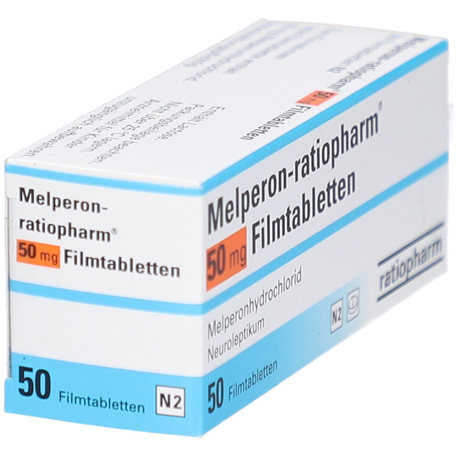 Schachtel mit Melperon-ratiopharm® 50 mg Filmtabletten. Aufschrift: 50 Filmtabletten, ratiopharm.