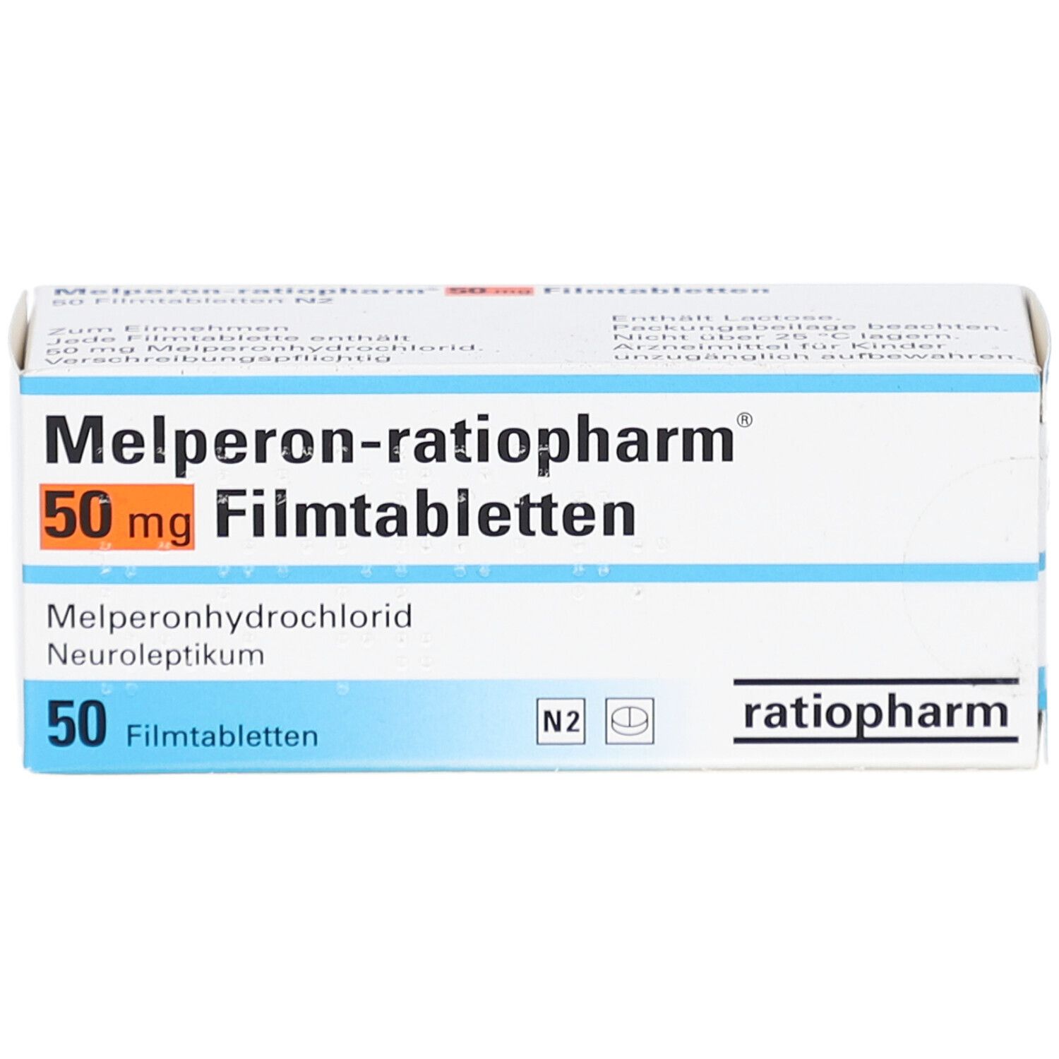 Schachtel mit Melperon-ratiopharm® 50 mg Filmtabletten. Aufschrift: 50 Filmtabletten, ratiopharm.
