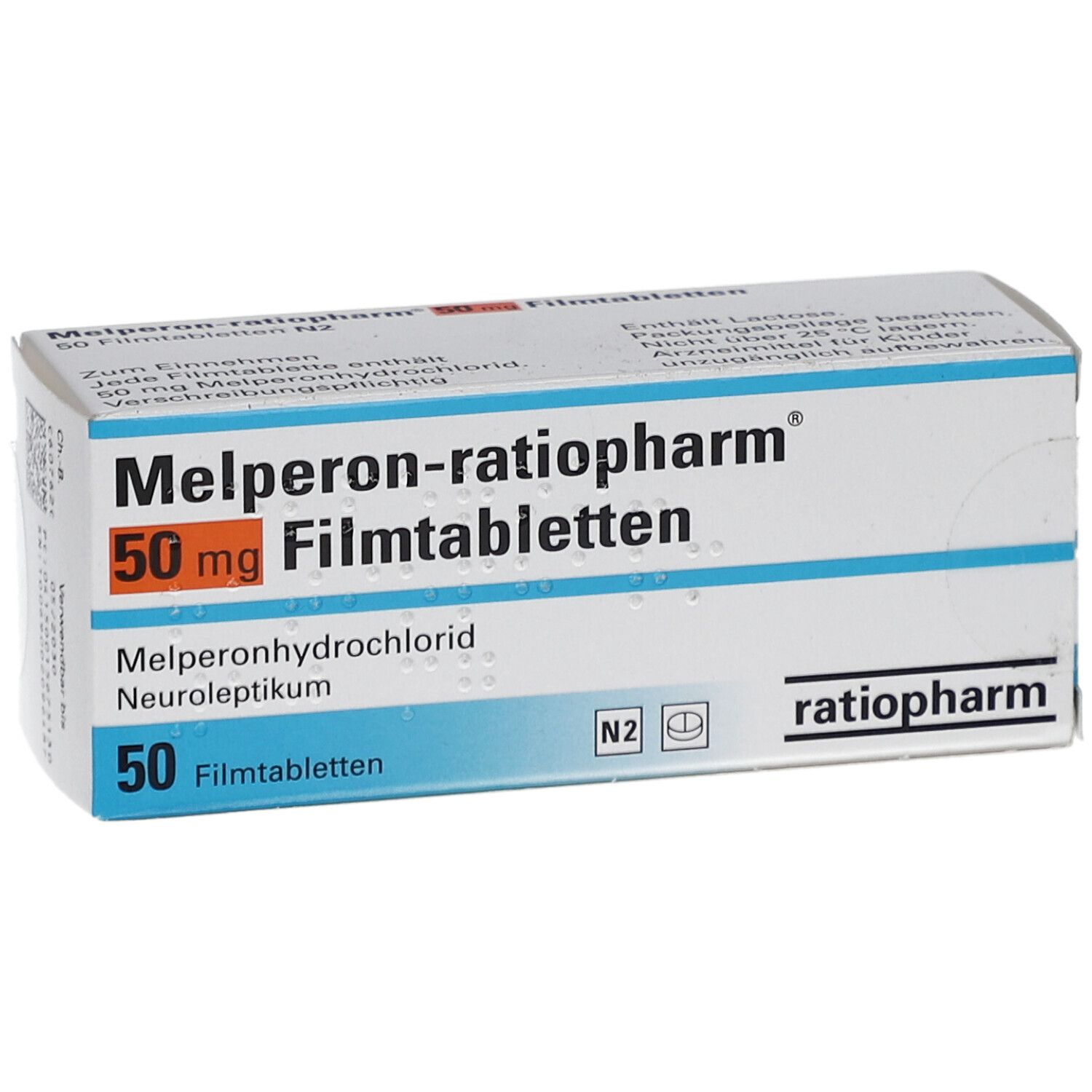 Schachtel mit Melperon-ratiopharm® 50 mg Filmtabletten. Aufschrift: 50 Filmtabletten, ratiopharm.
