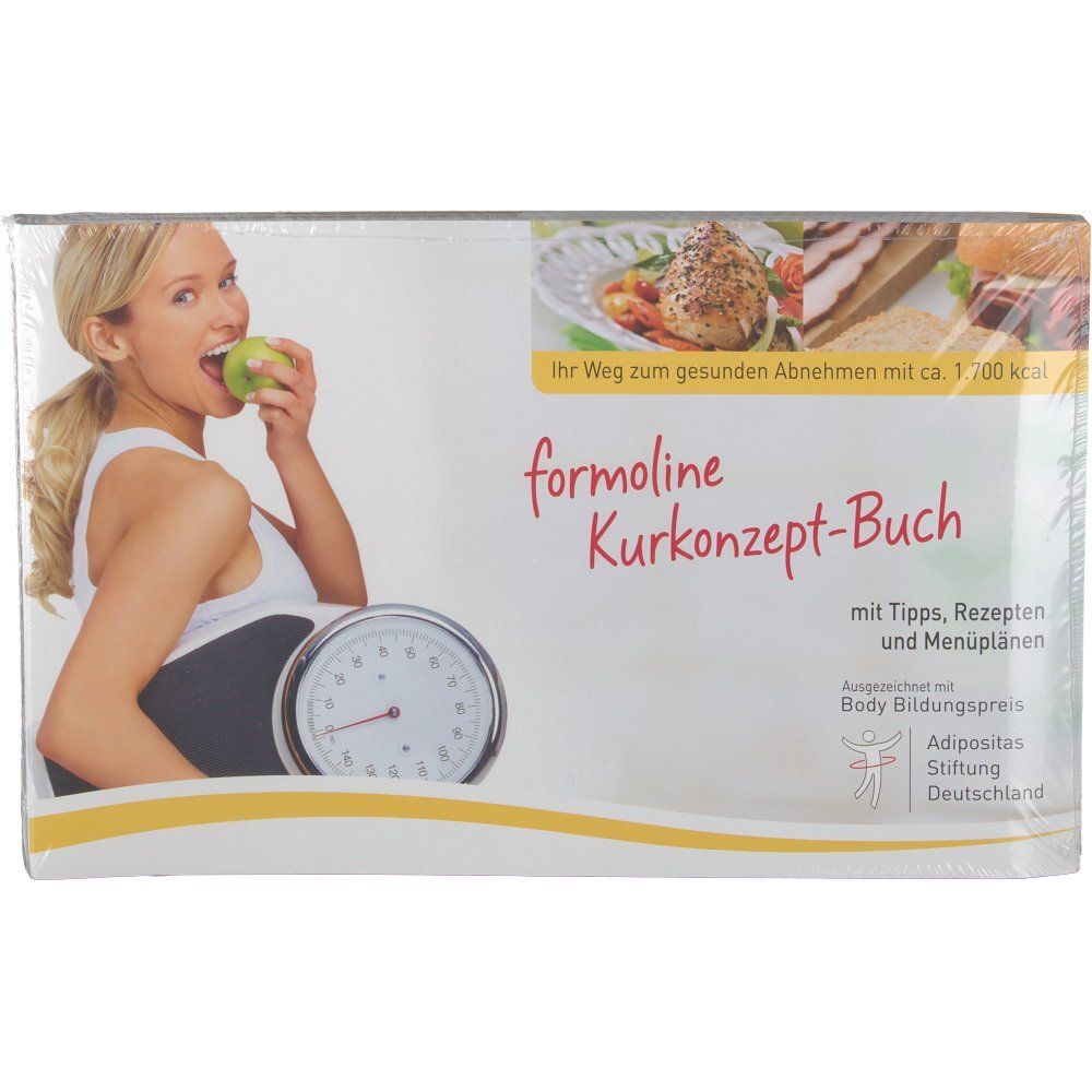 Buch "formoline Kurkonzept-Buch" mit Frau und Waage. Aufschrift: Ihr Weg zum gesunden Abnehmen. Mit Tipps, Rezepten und Menüplänen.